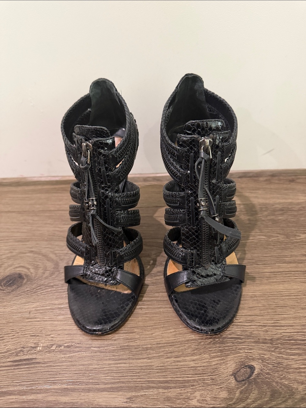 L.A.M.B. Nayuta Black Strappy Zip Front Women’s Heeled Sandals